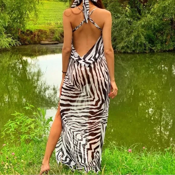 Swim | It Must Be Love Backless Zebra Print High Slit Sheer Maxi Coverup  Dress | Poshmark